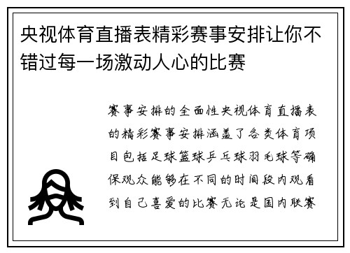 央视体育直播表精彩赛事安排让你不错过每一场激动人心的比赛